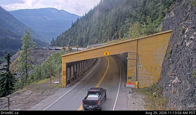 Live DriveBC webcam: Jack MacDonald Snowshed — West on Highway 1 (Rogers Pass)