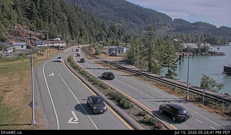 Live DriveBC webcam: Britannia Beach — South on Highway 99 (Sea to Sky)