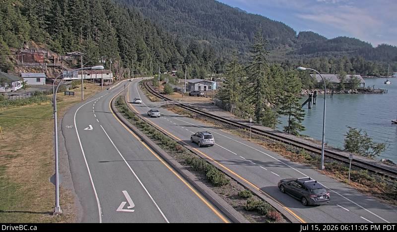 DriveBC webcam: Britannia Beach — South on Highway 99 (Sea to Sky Highway)