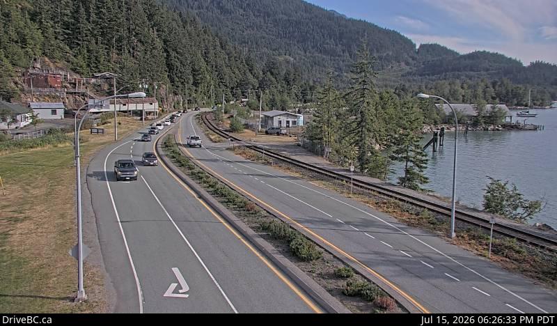 DriveBC webcam: Britannia Beach — South on Highway 99 (Sea to Sky Highway)