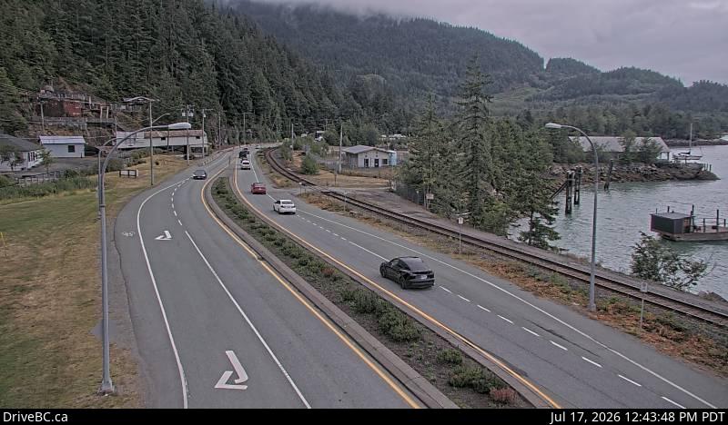 DriveBC webcam: Britannia Beach — South on Highway 99 (Sea to Sky Highway)