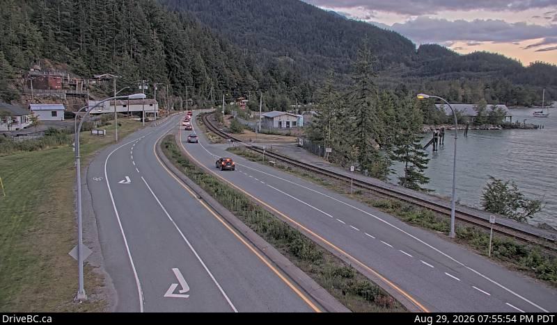 DriveBC webcam: Britannia Beach — South on Highway 99 (Sea to Sky Highway)