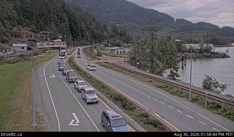 Live DriveBC webcam: Britannia Beach — South on Highway 99 (Sea to Sky)
