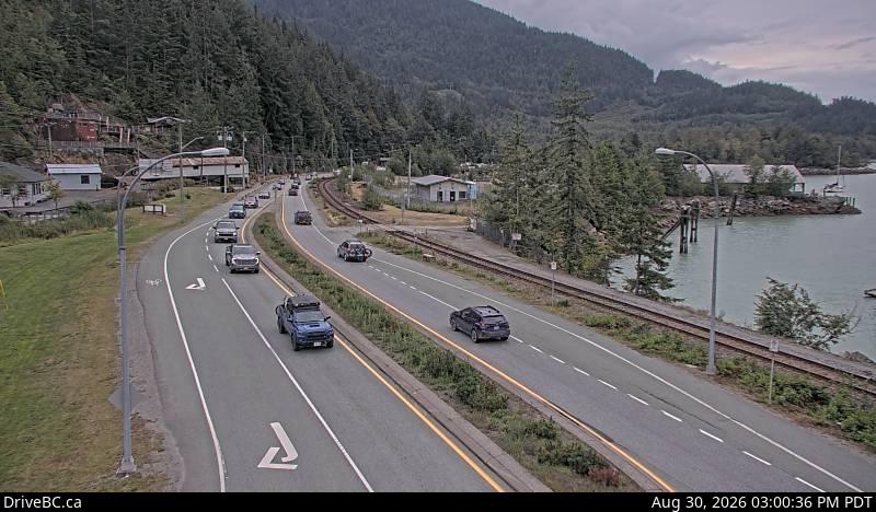 DriveBC webcam: Britannia Beach — South on Highway 99 (Sea to Sky Highway)