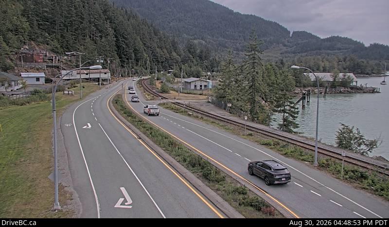 DriveBC webcam: Britannia Beach — South on Highway 99 (Sea to Sky Highway)