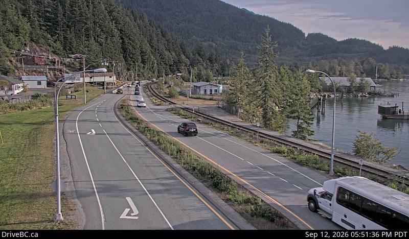 Live DriveBC webcam: Britannia Beach — South on Highway 99 (Sea to Sky)