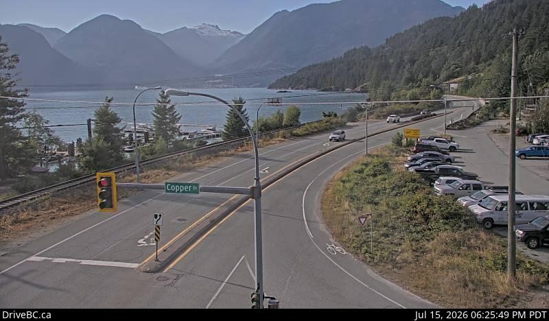 DriveBC webcam: Britannia Beach — North on Highway 99 (Sea to Sky Highway)