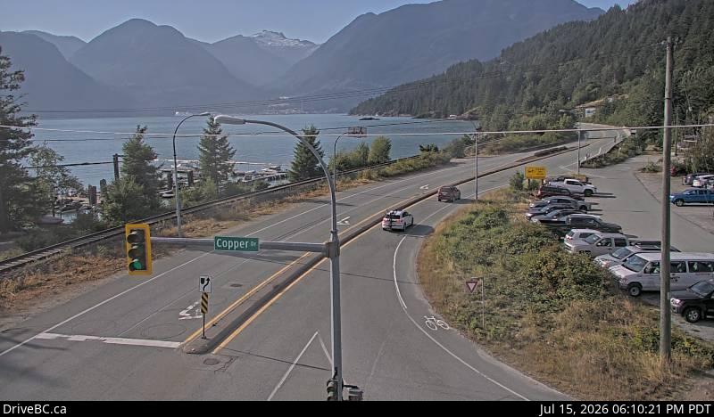 DriveBC webcam: Britannia Beach — North on Highway 99 (Sea to Sky Highway)