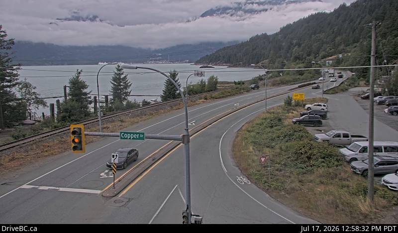 DriveBC webcam: Britannia Beach — North on Highway 99 (Sea to Sky Highway)