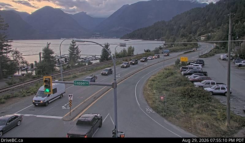 DriveBC webcam: Britannia Beach — North on Highway 99 (Sea to Sky Highway)