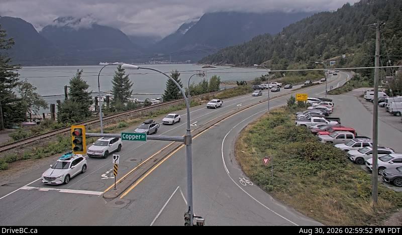 DriveBC webcam: Britannia Beach — North on Highway 99 (Sea to Sky Highway)
