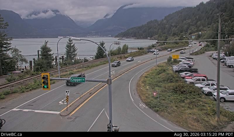DriveBC webcam: Britannia Beach — North on Highway 99 (Sea to Sky Highway)