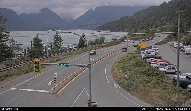 DriveBC webcam: Britannia Beach — North on Highway 99 (Sea to Sky Highway)