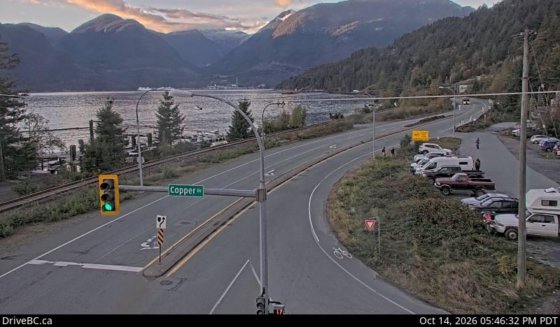 DriveBC webcam: Britannia Beach — North on Highway 99 (Sea to Sky Highway)