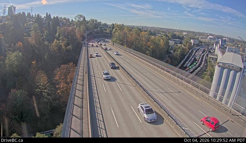 Live DriveBC camera: Highway 1 at mid-span on the Ironworkers Memorial Bridge, looking south